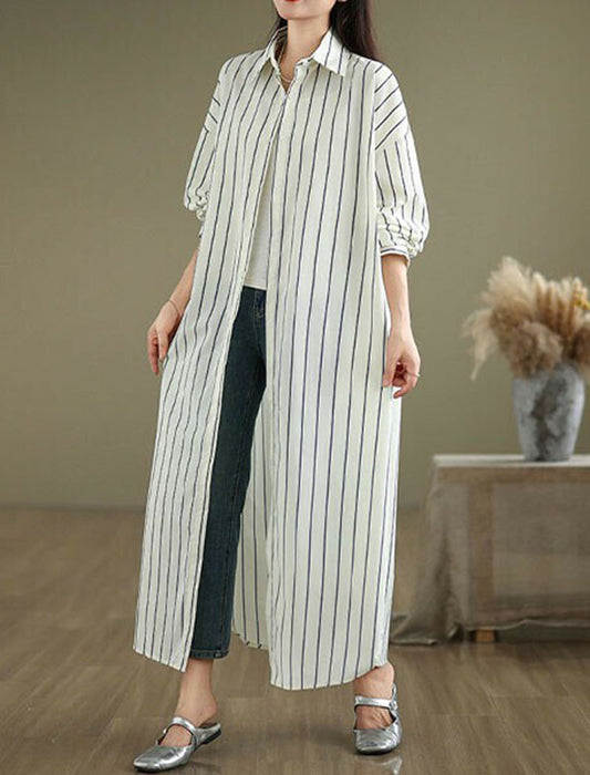マルチストライプ柄ロングシャツワンピース