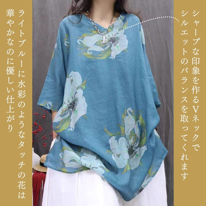 ボタニカルアートチュニック丈ブラウス　