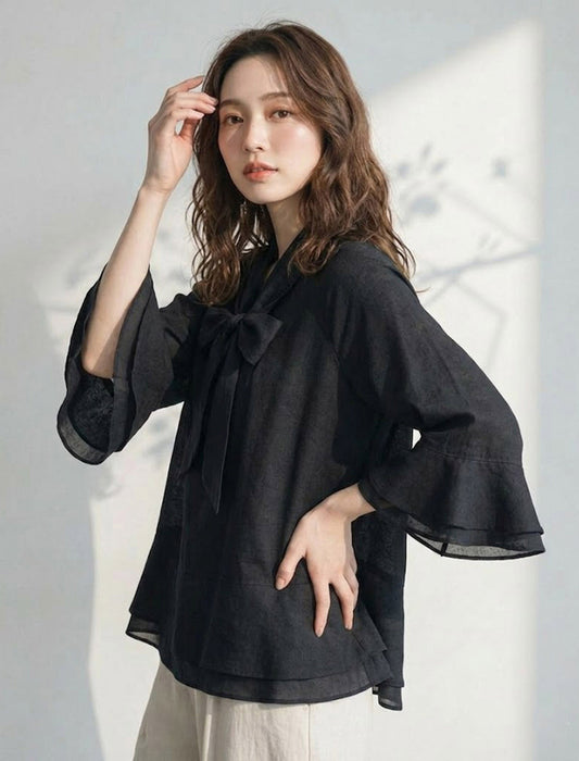 2wayボウタイリボン フレアスリーブ シフォンブラウス