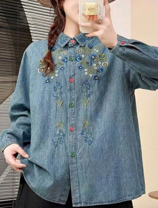ヴィンテージ風 フラワー刺繍 インディゴ デニムシャツ