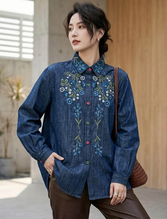 ヴィンテージ風 フラワー刺繍 インディゴ デニムシャツ