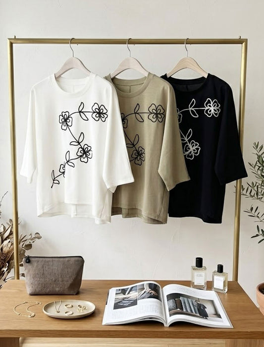 一筆書きラインフラワー刺繍 7分袖プルオーバーカットソー