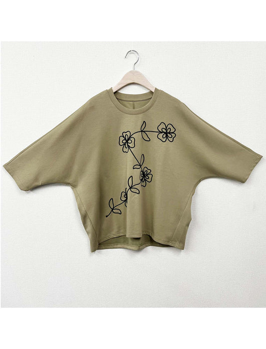一筆書きラインフラワー刺繍 7分袖プルオーバーカットソー