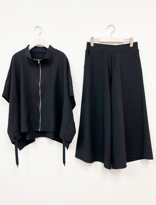 【近日入荷】スタンドカラー ジップアップ半袖プルオーバー＆ワイドパンツ セットアップ※アイボリーは6月上旬入荷予定