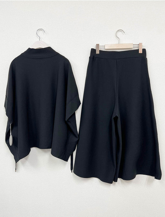 【近日入荷】スタンドカラー ジップアップ半袖プルオーバー＆ワイドパンツ セットアップ※アイボリーは6月上旬入荷予定