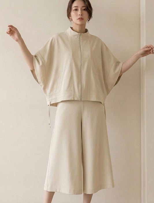 【近日入荷】スタンドカラー ジップアップ半袖プルオーバー＆ワイドパンツ セットアップ※アイボリーは6月上旬入荷予定