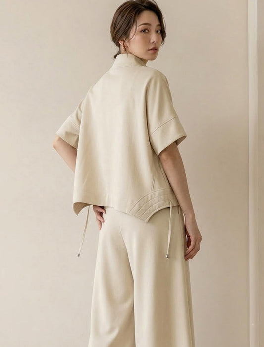 【近日入荷】スタンドカラー ジップアップ半袖プルオーバー＆ワイドパンツ セットアップ※アイボリーは6月上旬入荷予定
