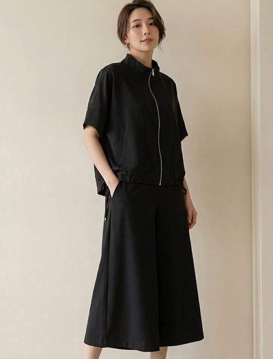 【近日入荷】スタンドカラー ジップアップ半袖プルオーバー＆ワイドパンツ セットアップ※アイボリーは6月上旬入荷予定