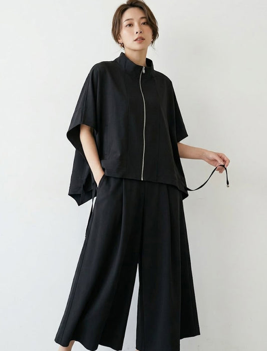 【近日入荷】スタンドカラー ジップアップ半袖プルオーバー＆ワイドパンツ セットアップ※アイボリーは6月上旬入荷予定