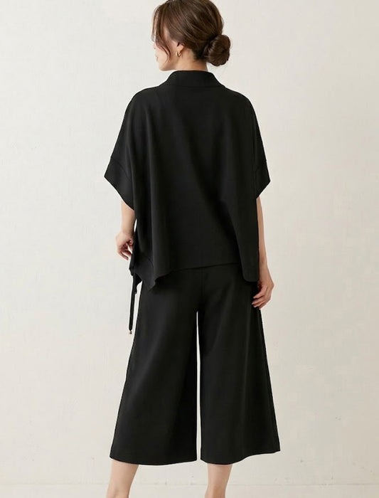 【近日入荷】スタンドカラー ジップアップ半袖プルオーバー＆ワイドパンツ セットアップ※アイボリーは6月上旬入荷予定