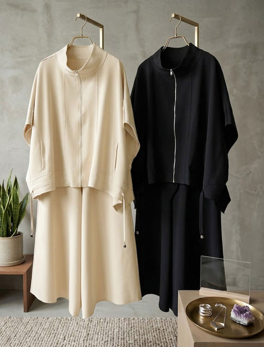 【近日入荷】スタンドカラー ジップアップ半袖プルオーバー＆ワイドパンツ セットアップ※アイボリーは6月上旬入荷予定