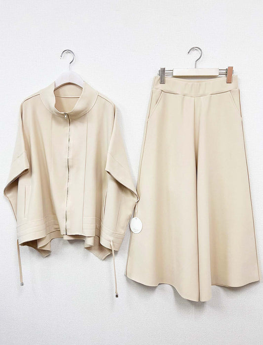 【近日入荷】スタンドカラー ジップアップ半袖プルオーバー＆ワイドパンツ セットアップ※アイボリーは6月上旬入荷予定