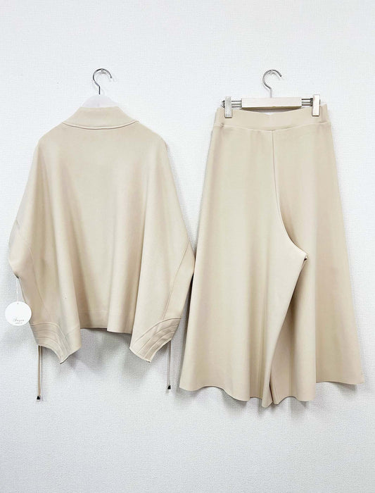 【近日入荷】スタンドカラー ジップアップ半袖プルオーバー＆ワイドパンツ セットアップ※アイボリーは6月上旬入荷予定