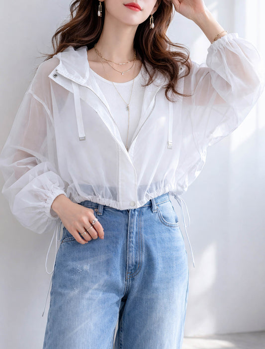 【近日入荷】ショート丈 シアー パーカー ブルゾン フード ライトアウター 春夏　※オフホワイトは3月下旬入荷予定
