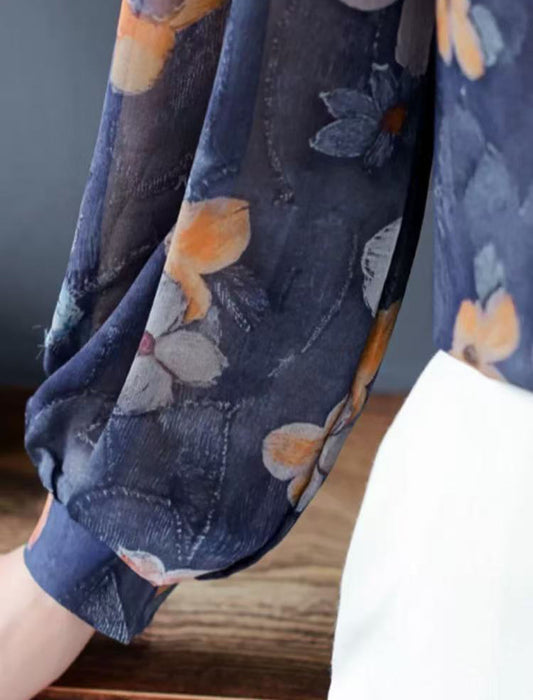 大花柄シフォンエレガントノーカラーブラウス