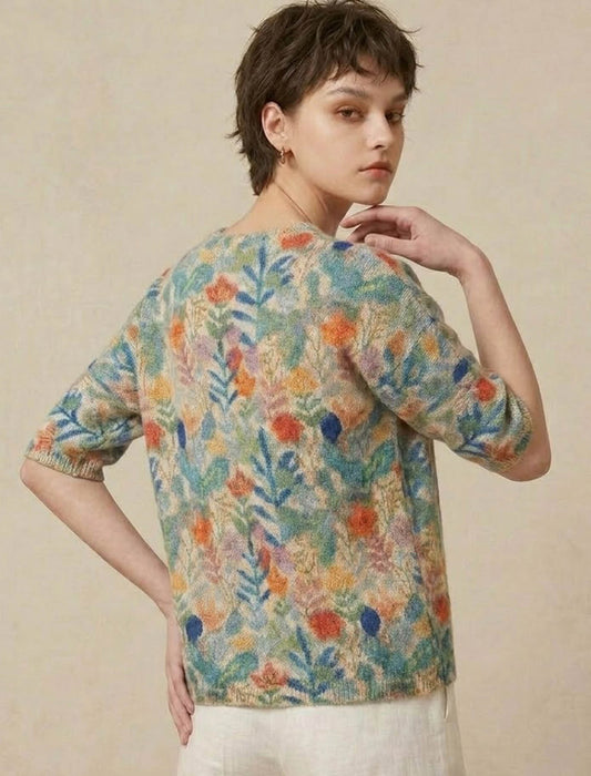 大人華やか水彩ボタニカル半袖サマーニットＴ　