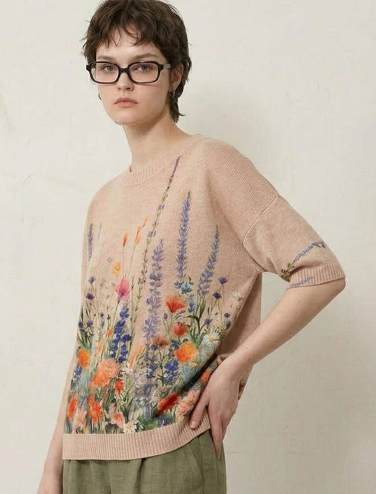 大人華やか水彩ボタニカル半袖サマーニットＴ　