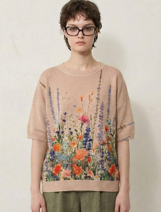 大人華やか水彩ボタニカル半袖サマーニットＴ　