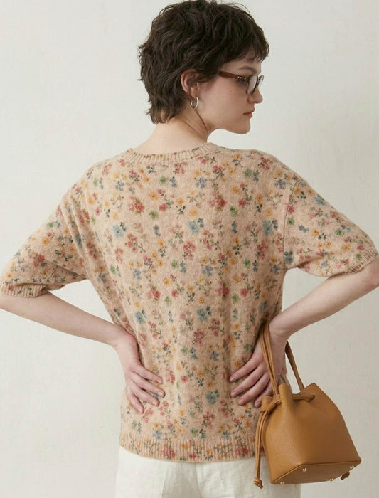 大人華やか水彩ボタニカル半袖サマーニットＴ　