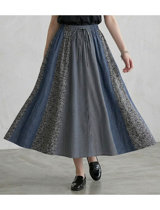 こなれデニム切替パネルロングスカート