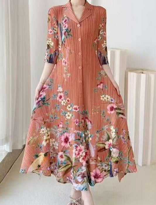 ゆったり花柄プリントプリーツワンピース　