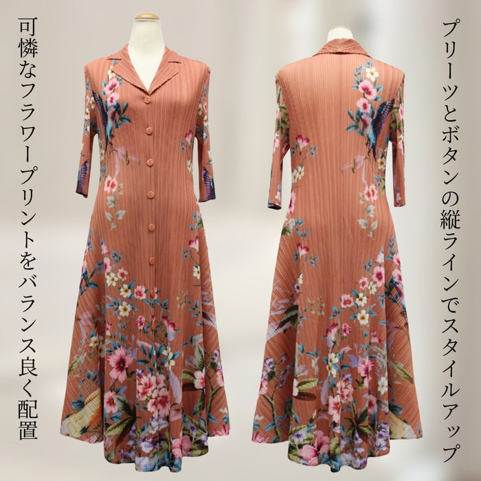 ゆったり花柄プリントプリーツワンピース　