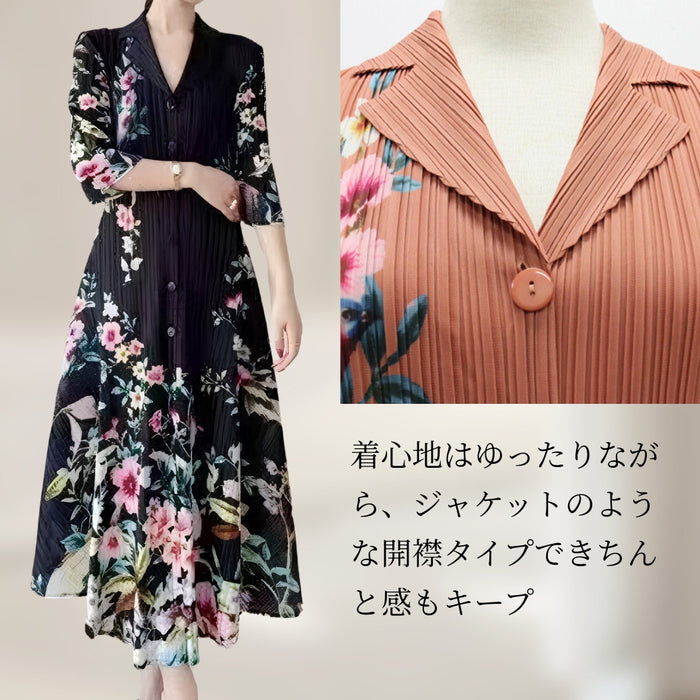ゆったり花柄プリントプリーツワンピース　