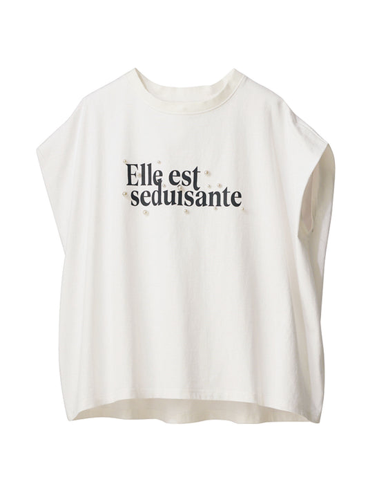 【受注】パール調ビジュー付ロゴプリントTシャツ