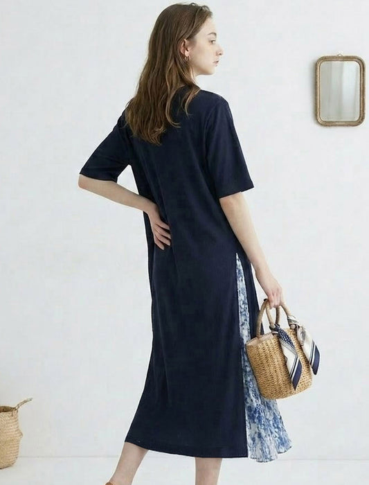 【近日入荷】サイドスリット柄切替レイヤード風ワンピース　※ネイビーは6月中旬入荷予定